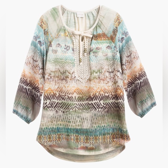 CHICOs Boho Blouse Women Medium 8 Embroidered Top Winter Neutral Natural Fall - Picture 5 of 14